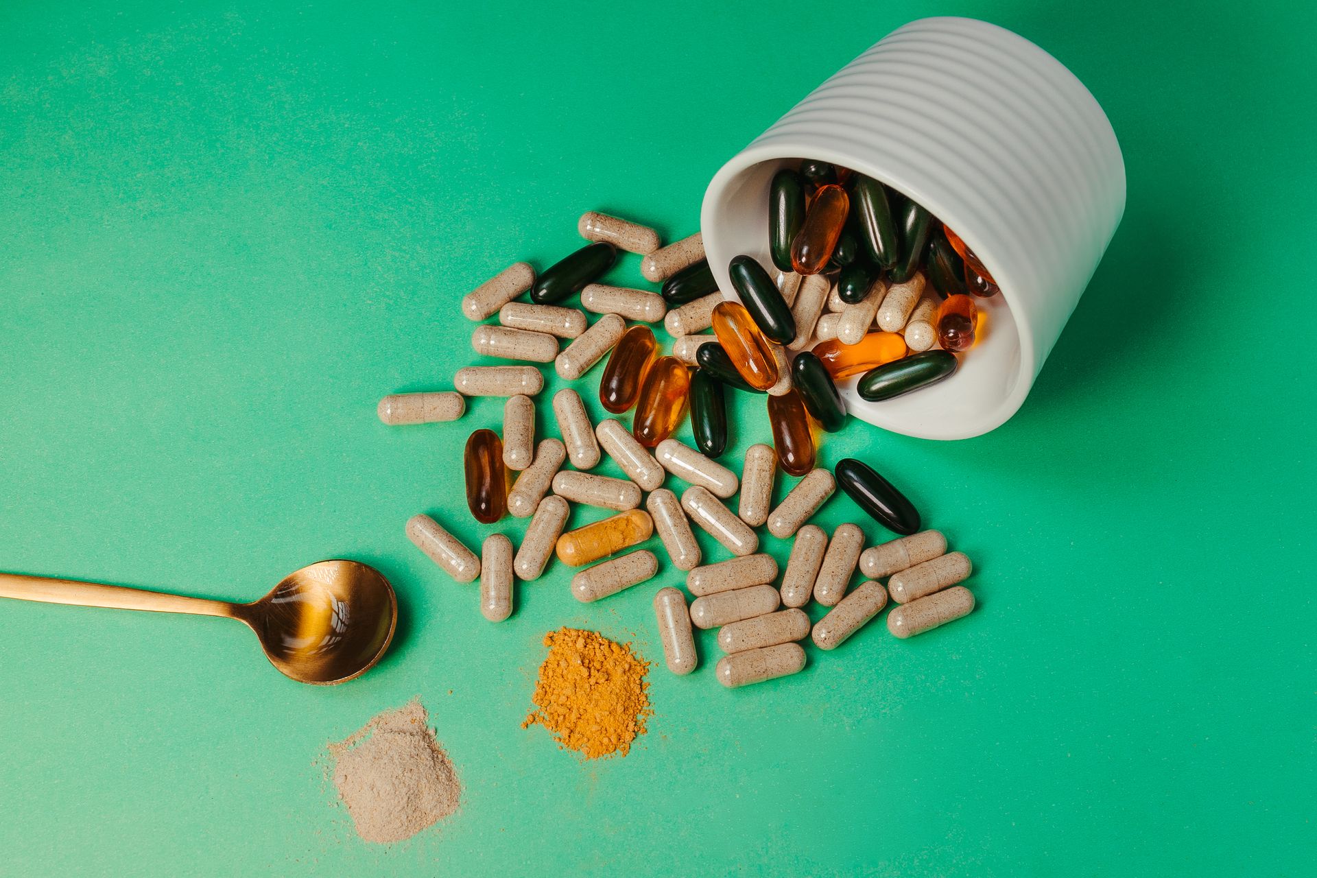 Supplement sample vials and documentation on a lab bench